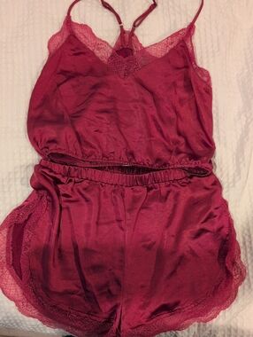 Lulu's Satin Lace-Trim Wine Cami & Short Set